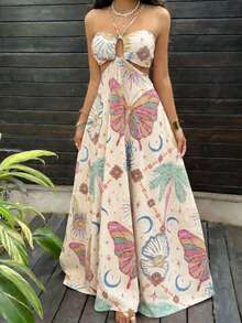 Women's Summer Bohemian Style Butterfly Print Spaghetti Strap Dress With Backless Tie Design, Flowy Beach Holiday Dress Party - Apricot - View 1