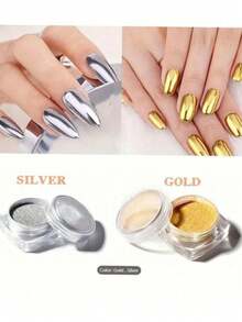 Bright Gold & Silver Nail Powder, Metallic Mirror Effect, Luxury Platinum Aurora Glitter, Sequins, Suitable For Nail Salon DIY Nail Decoration, High Gloss Transparent Sparkling Nail Enhancement, Holiday Use, Comes With 2 Application Tools (0.5g/Bottle) - Multicolor - View 3