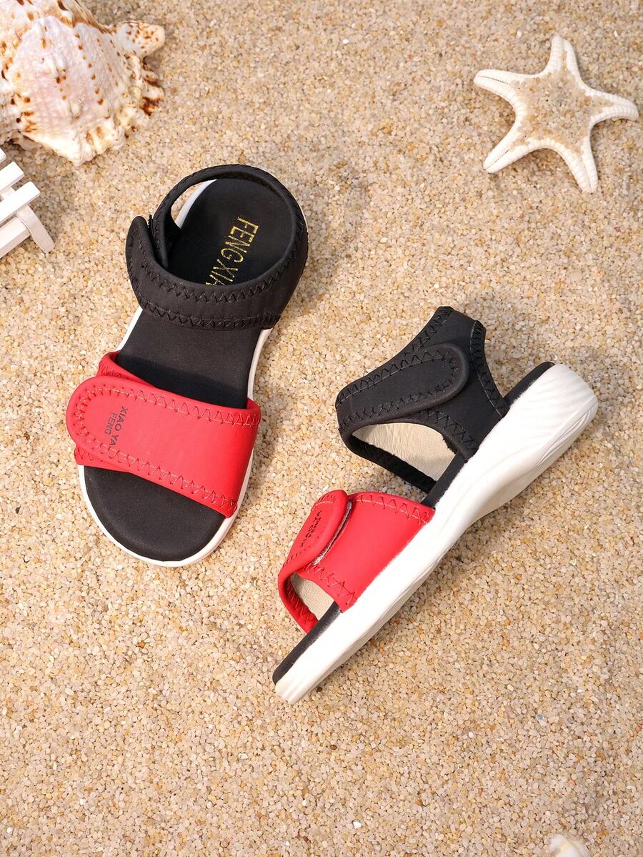 Toddler Children's Stitch Decor PU Upper EVA Sole Open Toe Low-Top Wide Front Hook & Loop Strap Back Strap Thick Platform Wedge Cute Sweet Casual - Red - View 1