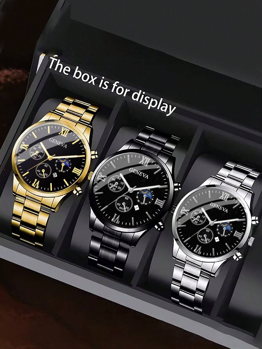 3pcs Men's Casual Luxury Business Quartz Watch Set - Fashionable Round Dial, Date Function, Alloy Case And Stainless Steel Strap - Perfect Holiday Gift For Men - Multicolor - View 1
