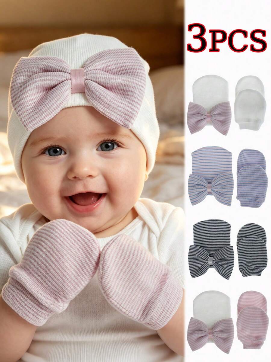 3pcs Newborn Baby Hat And Gloves Set, With Large Bow, Soft Cute Knitted Hat, Suitable For Baby Boys And Girls - Multicolor - View 1