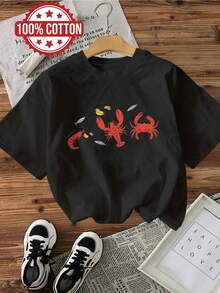 Summer T-Shirt, Women's Casual Vintage Style Seafood Crab Shrimp Print Short Sleeve Crew Neck T-Shirt Summer Cotton T-Shirt, Tops For Women - 黑色 - 查看 1