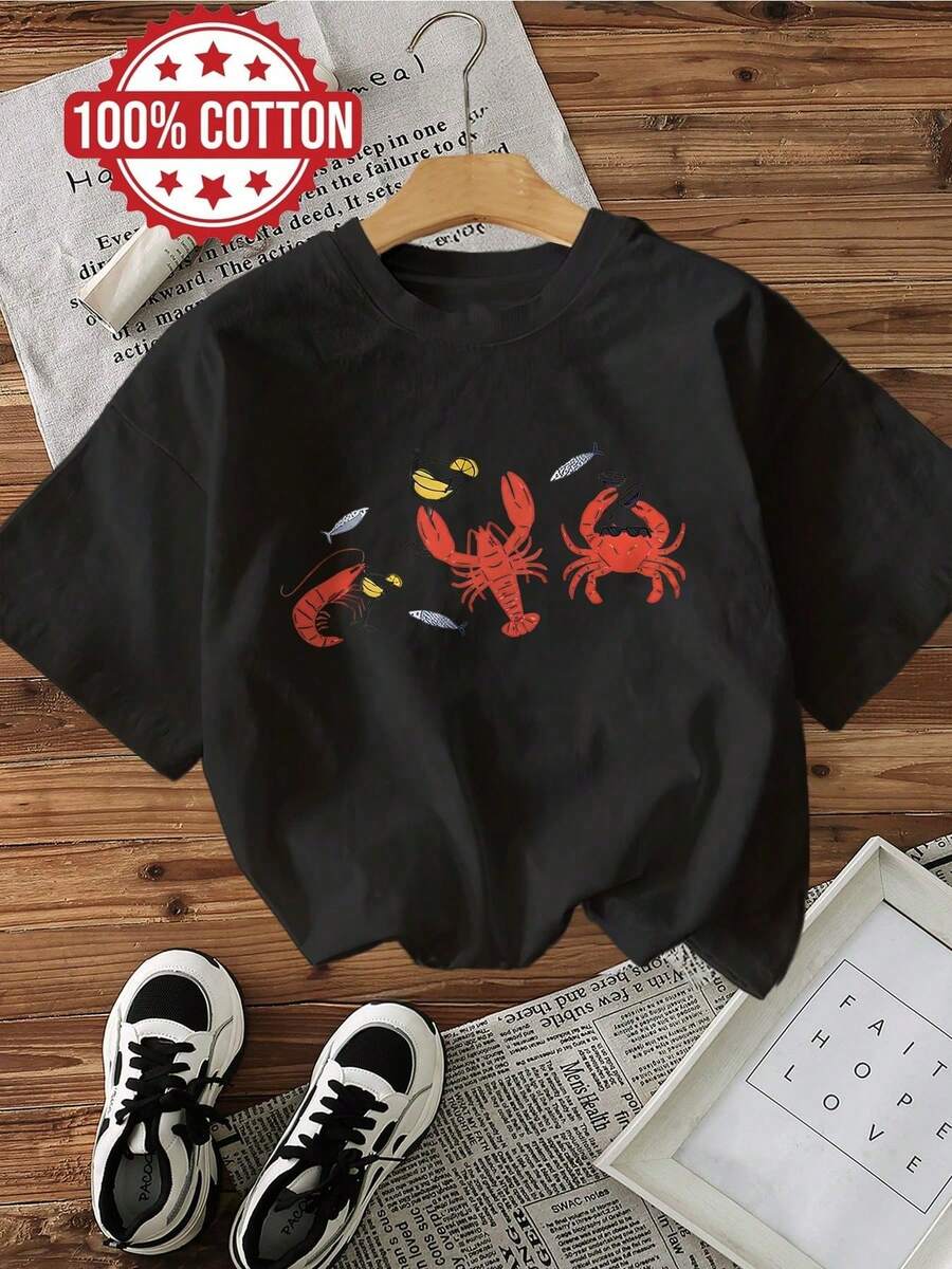 Summer T-Shirt, Women's Casual Vintage Style Seafood Crab Shrimp Print Short Sleeve Crew Neck T-Shirt Summer Cotton T-Shirt, Tops For Women - 黑色 - 查看 1