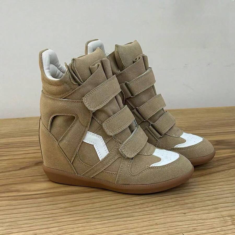 Hidden Wedge Sneakers For Women Retro High Top Platform Trainers Fashion Suede Panelled Chunky Shoes Casual Streetwear - 卡其 - 查看 1
