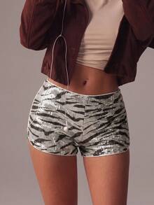 Summer Women's Casual Shorts, Sequin Embroidered Contrast Color Pattern, Leopard Print Sexy Versatile Shorts - Black and White - View 4