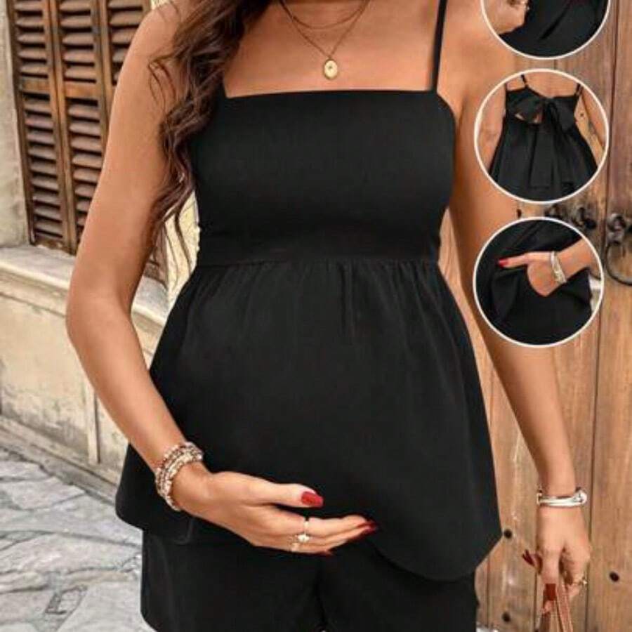 Conjunto de 2 piezas de camiseta sin espalda con lazo y shorts de unicolor casual para maternidad - Negro01 - Ver 1