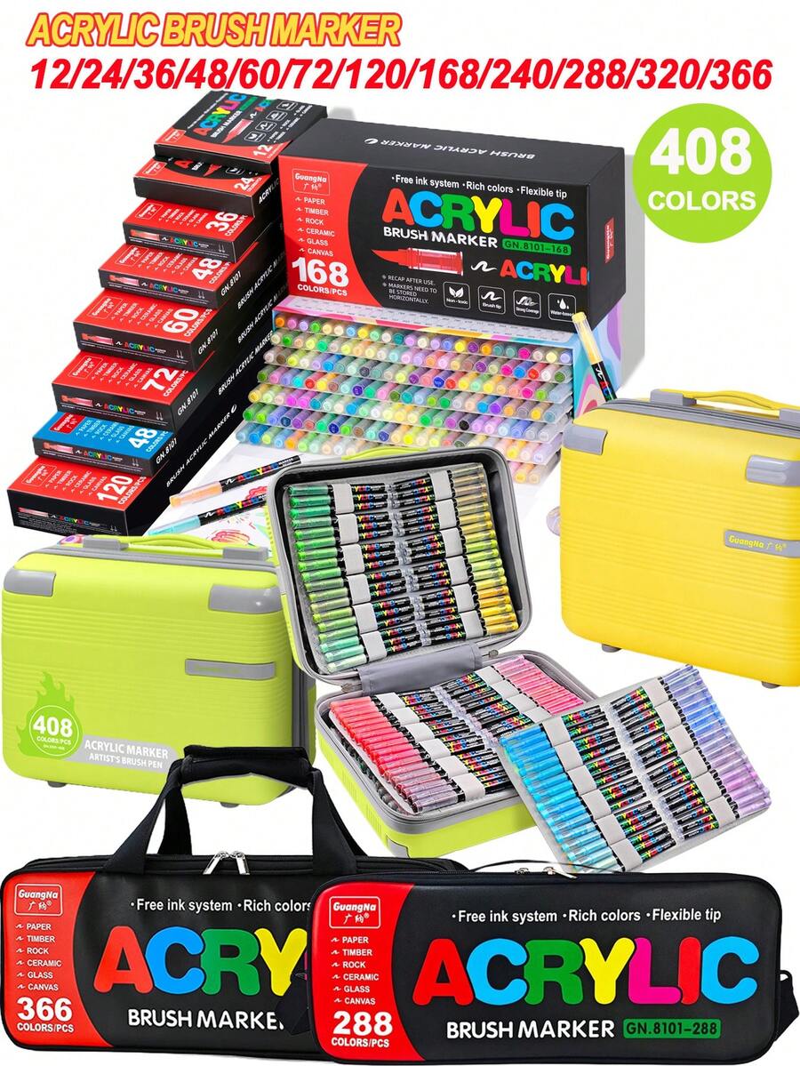 Bộ bút marker acrylic đầu mềm mực trực tiếp Guangna 12-408 màu, đủ quy cách, hộp quà 12-288 màu/túi 240/288/366 màu/vali 360/408 màu, đầu mềm linh hoạt kiểm soát mực, hệ mực trực tiếp, độ che phủ cao, dễ chồng lớp, dễ lau sạch trên da, dùng cho giấy/gỗ/đá/gốm/kính/canvas/giấy đen, bút vẽ chuyên nghiệp/trang trí scrapbook/vẽ graffiti cho sinh viên mỹ thuật