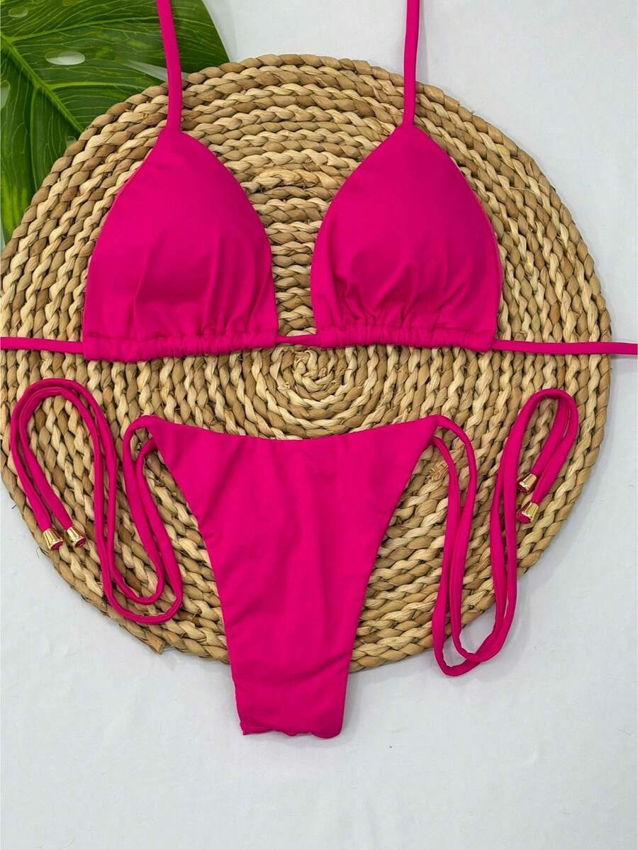 Triangle Bikini With Double Polyamide String Tie-Up Panties - Hot Pink - View 1