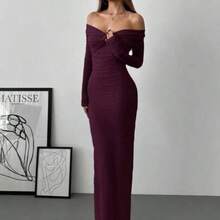 jianchaimaoyi02  Vestido romántico para cita con hombros descubiertos, con detalles de malla, nudo retorcido y fruncido, de manga larga - Morado Violeta - Ver 1
