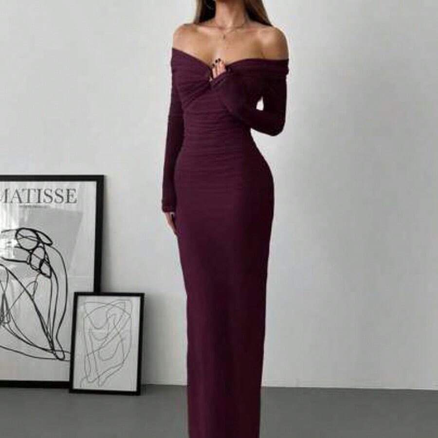 jianchaimaoyi02  Vestido romántico para cita con hombros descubiertos, con detalles de malla, nudo retorcido y fruncido, de manga larga - Morado Violeta - Ver 1