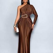 xuehuamaoyi02  Vestido ajustado de manga larga con cuello asimétrico y decoración metálica para mujer, vestido maxi para mujer para vacaciones, bodas, graduaciones, bailes de graduación, fiestas navideñas, citas de San Valentín y talla grande - Café integral - Ver 5
