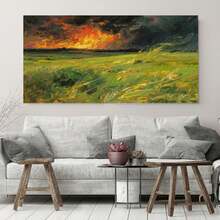 Pintura al Óleo sobre Lienzo Hecha a Mano - Pradera Vasta Envuelta en Llamas y Nubes de Tormenta - Decoración Impresionante de Paisaje Natural, Ideal para Salas de Estar Modernas, Comedores y Estudios - Nubes Dinámicas, Colores Vibrantes, Emoción Profunda, Creando el Ambiente Perfecto en el Hogar - Enmarcado - Ver 2