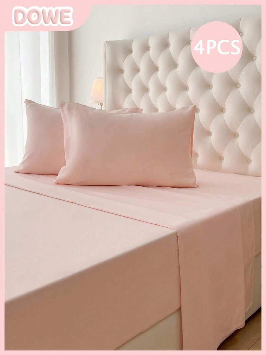 4pcs/Set, 100% Polyester, Solid Color, 35cm Deep Pocket Fitted Sheet, Bedding Set (2 Pillowcases + 1 Flat Sheet + 1 Fitted Sheet), All-Season Modern Bedding Set, Minimalist Style, Soft And Comfortable, Breathable - Pink - View 1