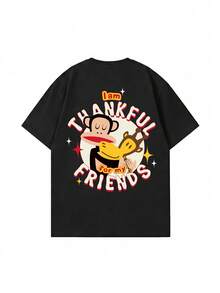 SHEIN X  PAUL FRANK 夏季女款 T-shirt，可愛卡通猴子與標語印花寬鬆街頭風上衣，適合日常休閒與返校穿著，黑色 - 黑色 - 查看 5