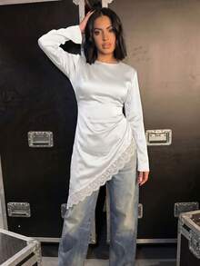 Women's Casual Lace Patchwork Top, Solid Color Long Sleeve With Drawstring Asymmetric Hem Pullover White - White - View 3