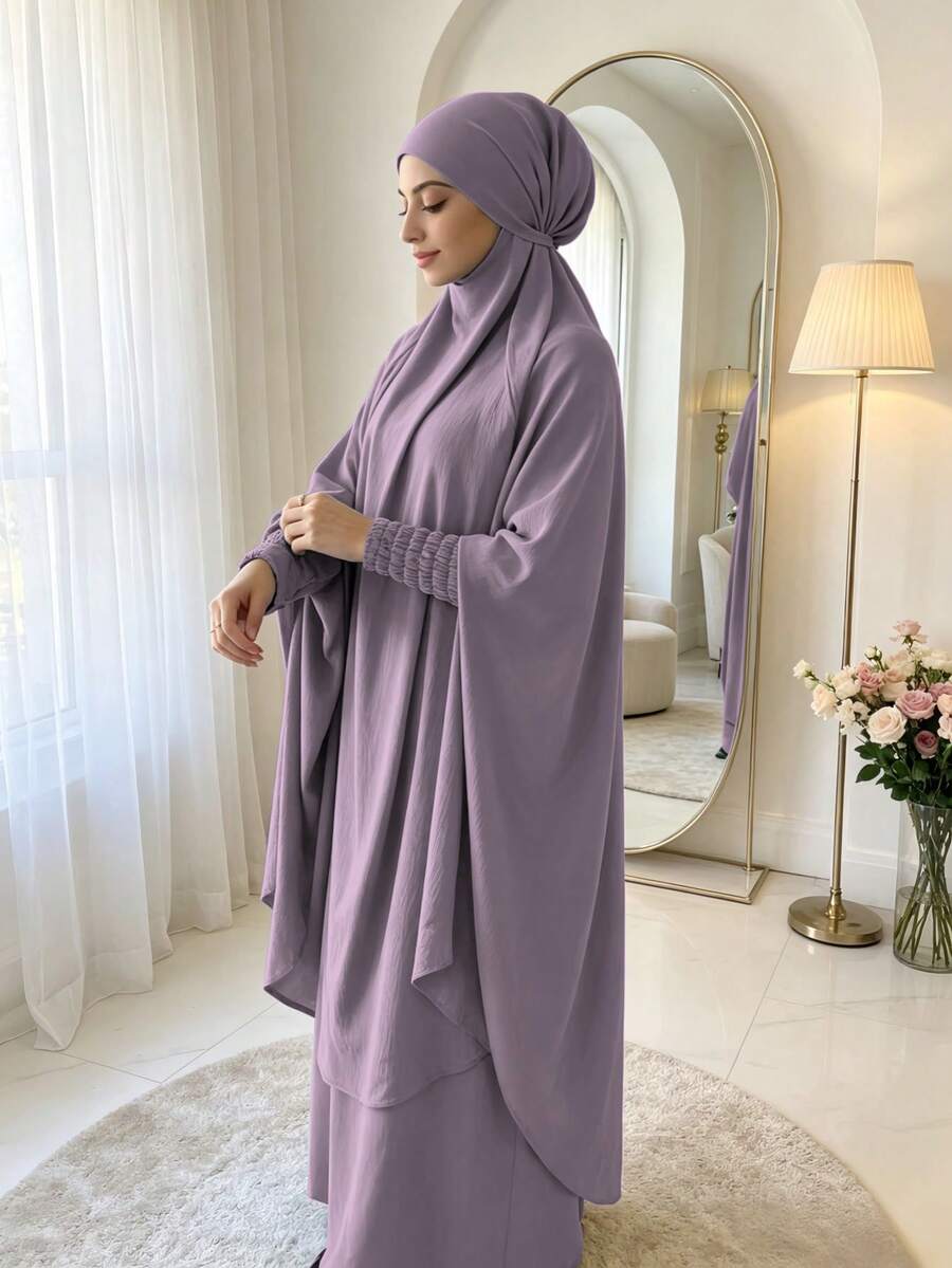 紋理縮褶彈性袖口 Khimar Abaya 兩件套,寬鬆大袖端莊 長洋裝,穆斯林女性休閒伊斯蘭禮拜服飾 - 彩色 - 查看 1