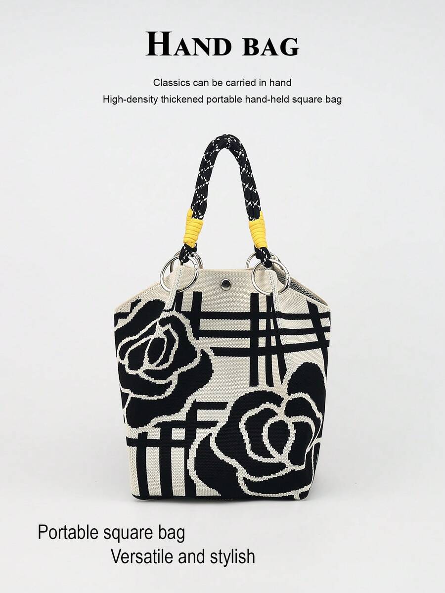 Tas tangan wanita kasual colorblock ini menampilkan desain pegangan tali anyaman hitam dan putih, sangat cocok untuk wanita pekerja, guru, dan pelajar. - Putih - View 1