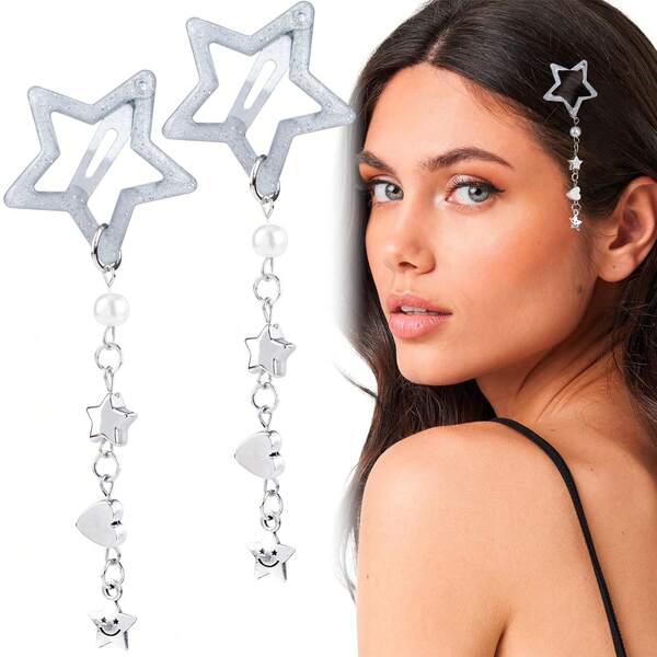 2pcs Five-Pointed Star Tassel Hair Clip Pendant Chain Side Clip Hair Accessory,Claw Clips