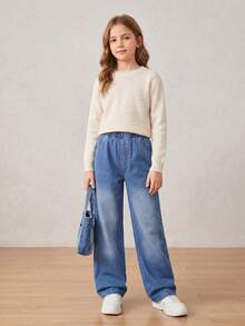 Quần jean denim xanh bạc màu ống đứng ôm dáng tối giản đa năng thoải mái mặc hàng ngày phong cách đường phố casual cho bé gái, xuân/hè - Rửa trung bình - Xem 8