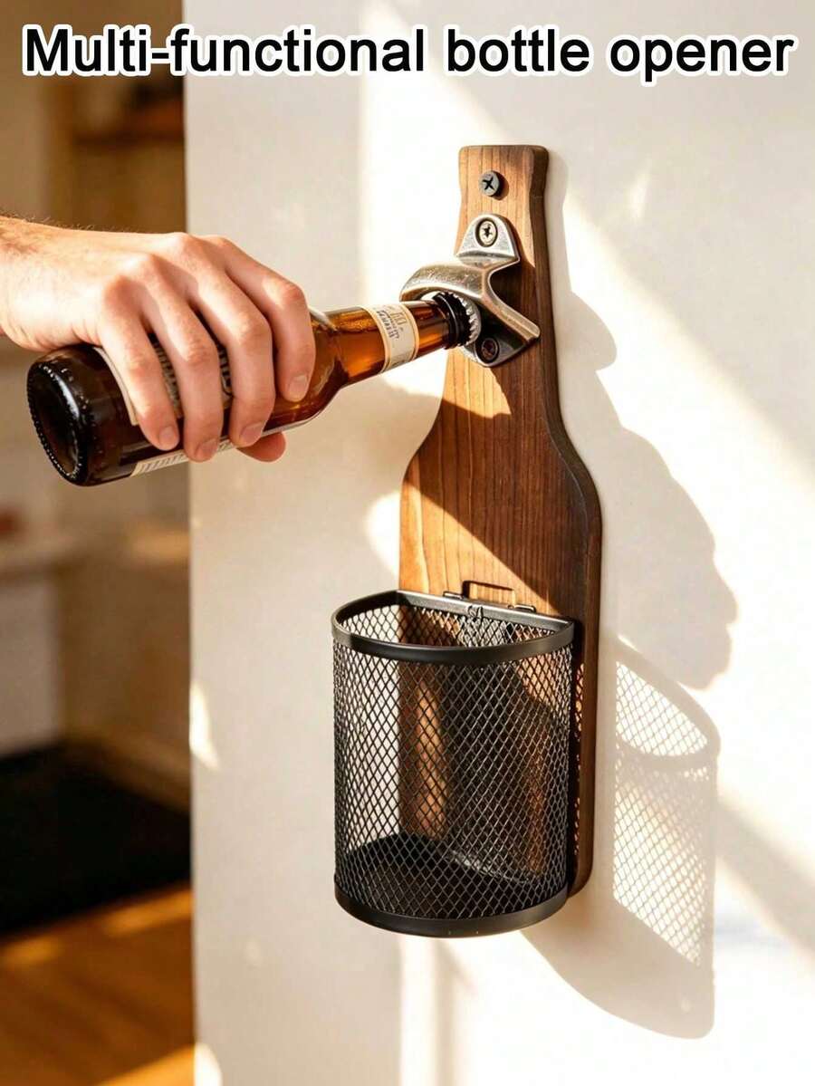 Wall-Mounted Wooden Beer Bottle Opener With Mesh Bag, Pain-Free Bottle Opener, Essential Beer Accessory For Home Bar, Kitchen, Garden And Outdoor, Perfect Gift For Beer Lovers - Multicolor - View 1