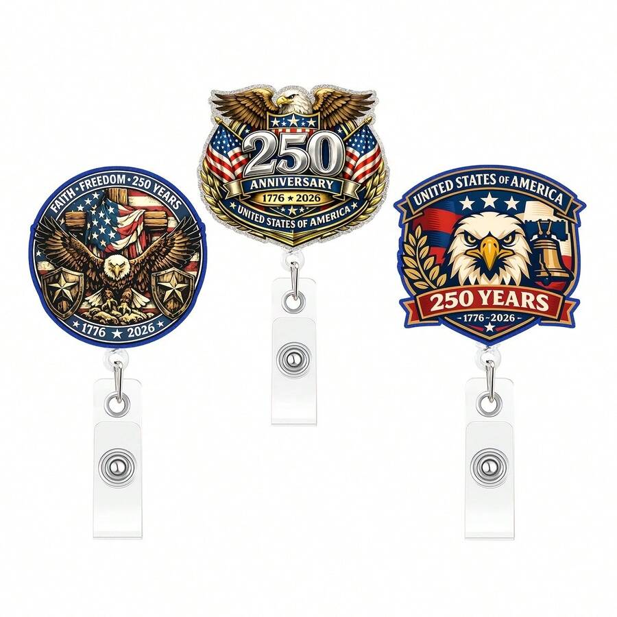 2D Single-Piece American 250th Anniversary Celebration Badge Reel, Retractable Badge Holder With Swivel Alligator Clip, Independence Day Gift - Style 1 - View 1