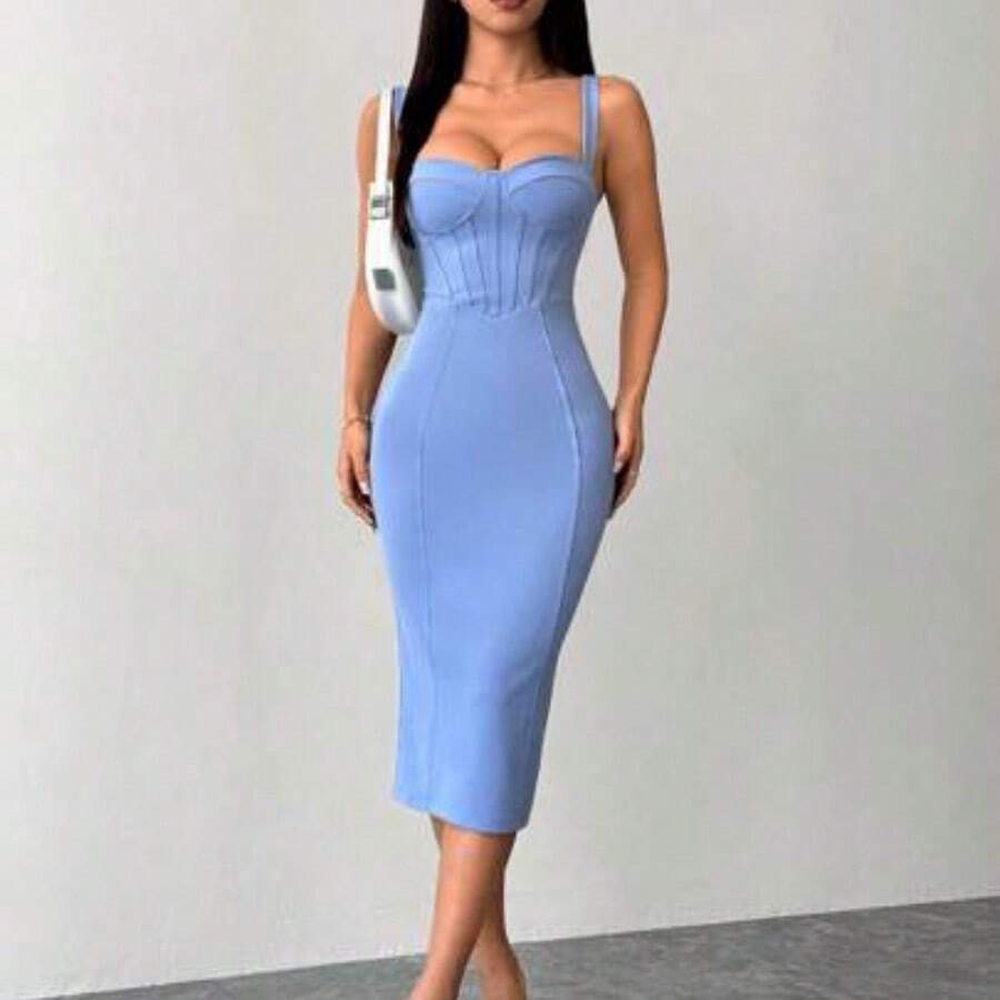 dagjydgfyja PETITE Vestido midi ajustado y entallado con parte trasera dividida, copa de busto y cadera azul - Azul - Ver 1