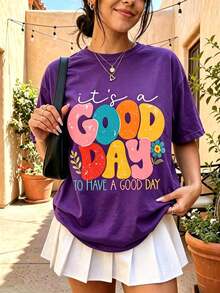 Women's Positive Motivational Slogan T-Shirt | Printed Text "Live Every Beautiful Day To The Fullest", Decorated With Colorful Fonts And Floral Patter - 紫羅蘭色 - 查看 3