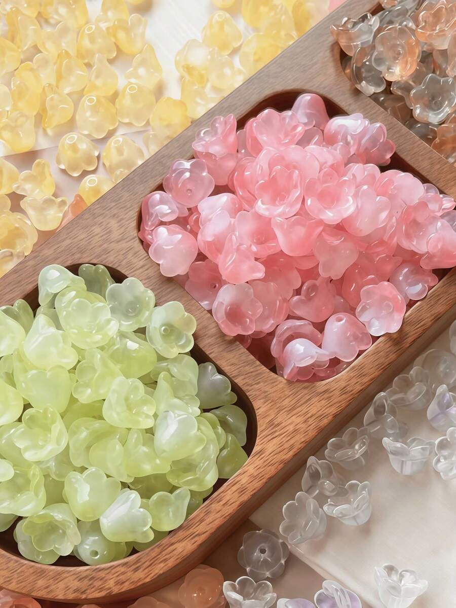 100pcs 12x7.5mm Gradient Translucent Glass Lily Of The Valley Beads, Including Yellow, Green, Pink And Purple - Perfect For DIY Jewelry, Hair Clips And Home Decor Crafts - Multicolor - View 1