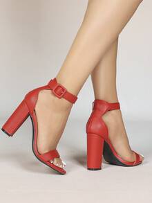 Women's Fashion New Comfortable Evening Vacation Nude Strap Square Buckle High Heel Roman Chunky Heel Party Ball Sandals - Red - View 4
