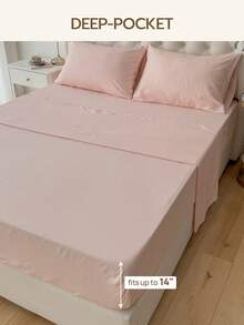 4pcs/Set, 100% Polyester, Solid Color, 35cm Deep Pocket Fitted Sheet, Bedding Set (2 Pillowcases + 1 Flat Sheet + 1 Fitted Sheet), All-Season Modern Bedding Set, Minimalist Style, Soft And Comfortable, Breathable - Pink - View 4