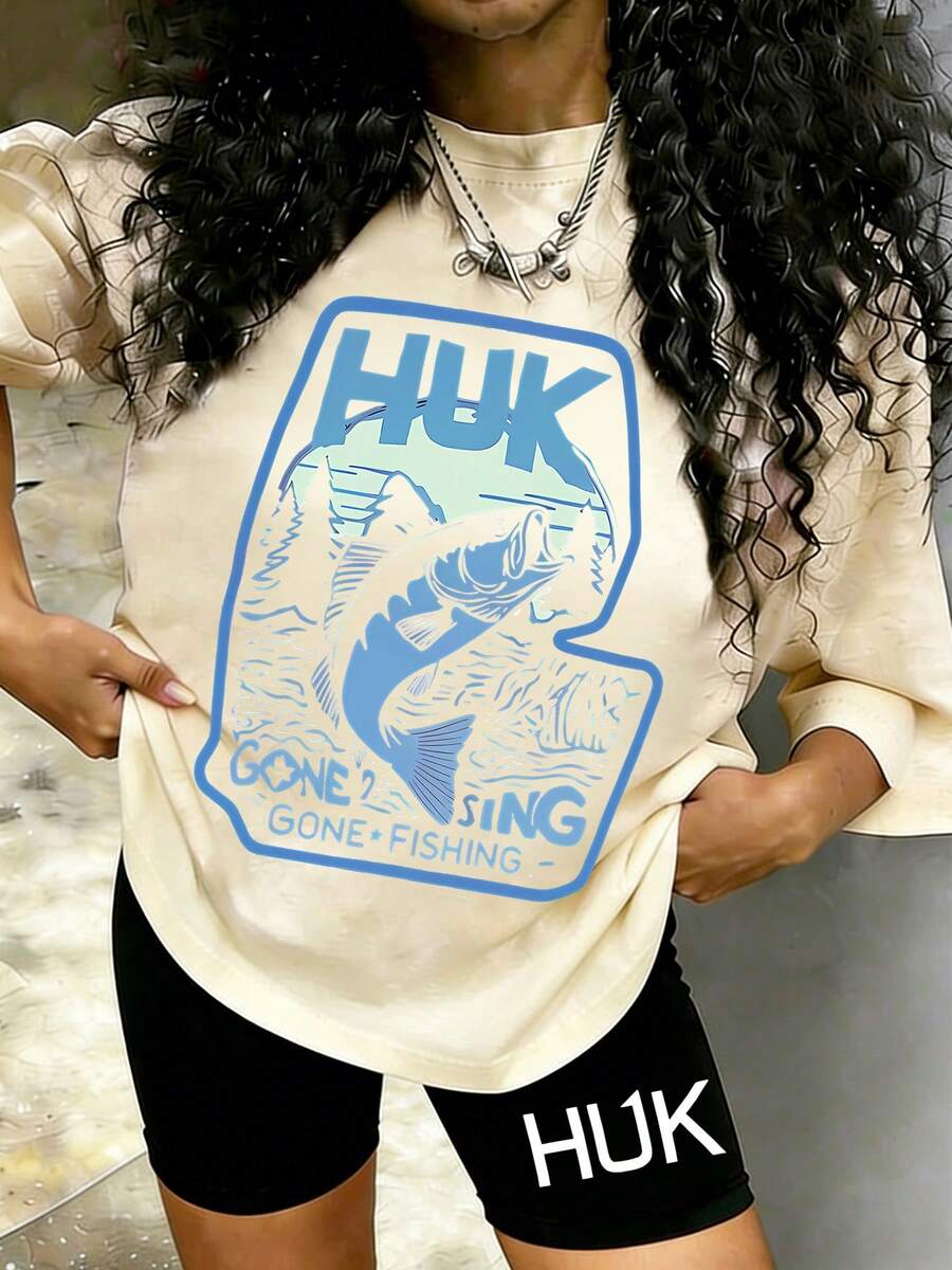 Two-Piece Set Women, HUK Fishing Gone Fishing Blue Bass Print Loose T-Shirt + High-Waisted Cycling Shorts Set, A Casual And Versatile Round-Neck Short-Sleeved Top And Sports Shorts Set, Suitable For Fishing Trips, Outdoor Activities And Daily Wear - Khaki - View 1