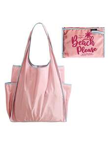 Foldable Beach Tote Bag & Pouch Set, "Beach Please" Print, Large Capacity Beach Shoulder Bag, Water Resistant Casual Handbag, Travel Cosmetic Bag, Casual Summer Vacation & Daily Use Storage Bag, Multifunctional Shopping Bag, Suitable For Shopping, Travel, Outdoor Activities, School, Daily, Unique Birthday Gifts, Holiday Gifts, Party Gifts, Vacation Gifts, Back-To-School Gifts, Anniversary Gifts - Multicolor - View 13