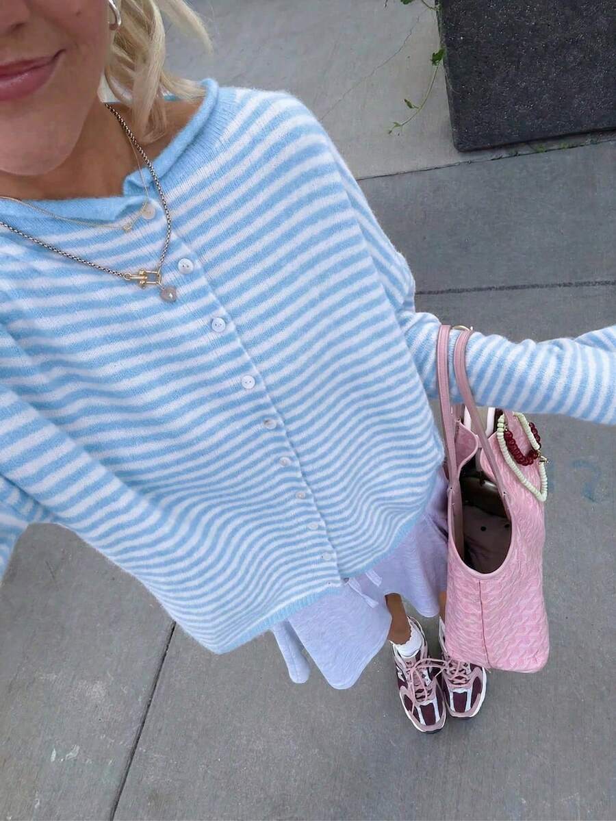 New Fashionable Loose Striped Knit Cardigan Fall - Baby Blue - View 1