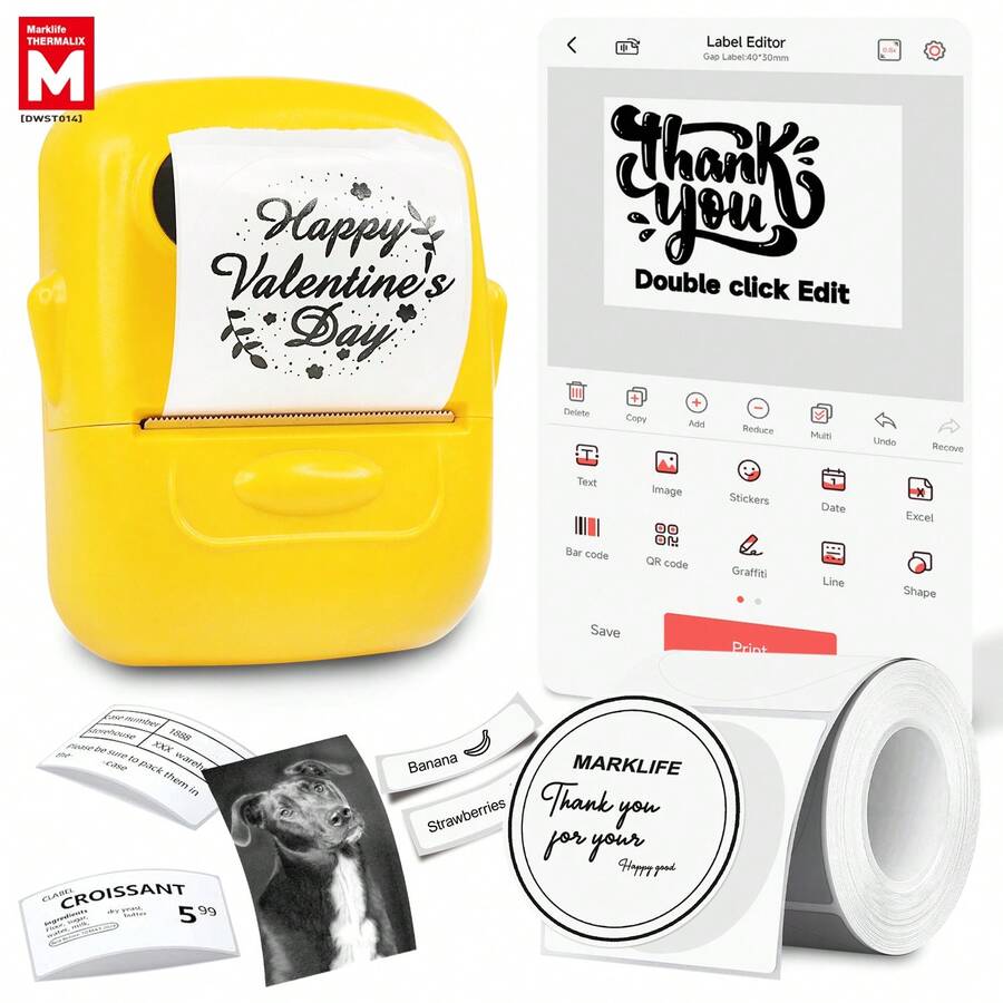 Marklife 1 buah (Kuning) Printer Label Termal Mini Portabel, Dilengkapi dengan 1 Gulungan Kertas Label Bulat, Tidak Membutuhkan Tinta, Kompatibel dengan Android dan iOS, Cocok untuk Pelabelan Alamat, Pengiriman Surat, Pengorganisasian Perlengkapan Kantor, dll.