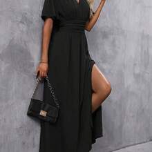 xuehuamaoyi02  Vestido largo con aberturas en los laterales y mangas de estilo mariposa para mujeres - Marrón Mocha - Ver 6