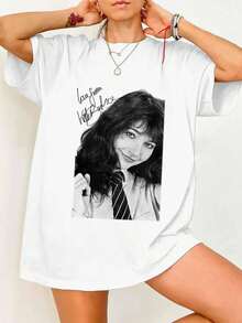 Camiseta retro de música con foto vintage en blanco y negro de Kate Bush con autógrafo - Blanco - Ver 1