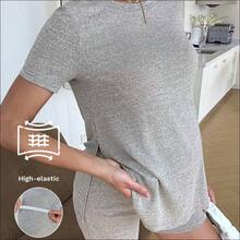 Slowluna Set de 2 piezas de top de manga corta con abertura lateral y shorts casuales y minimalistas para maternidad, para verano - Gris - Ver 3