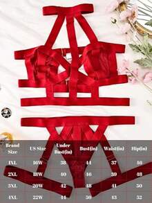 Plus Size Women's Strappy Harness Hollow Out 4-Piece Lingerie Set - Criss Cross Bra, Thong & Garters With Free Gift - 酒紅色 - 查看 2
