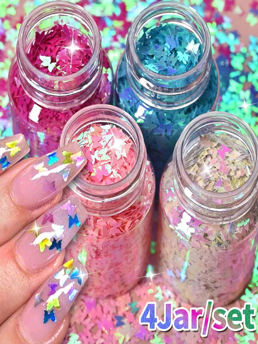 4罐全息蝴蝶美甲亮片套組，4色混裝亮面雷射亮片，超薄夏季美甲裝飾，DIY美甲藝術飾品，節慶派對美甲用品