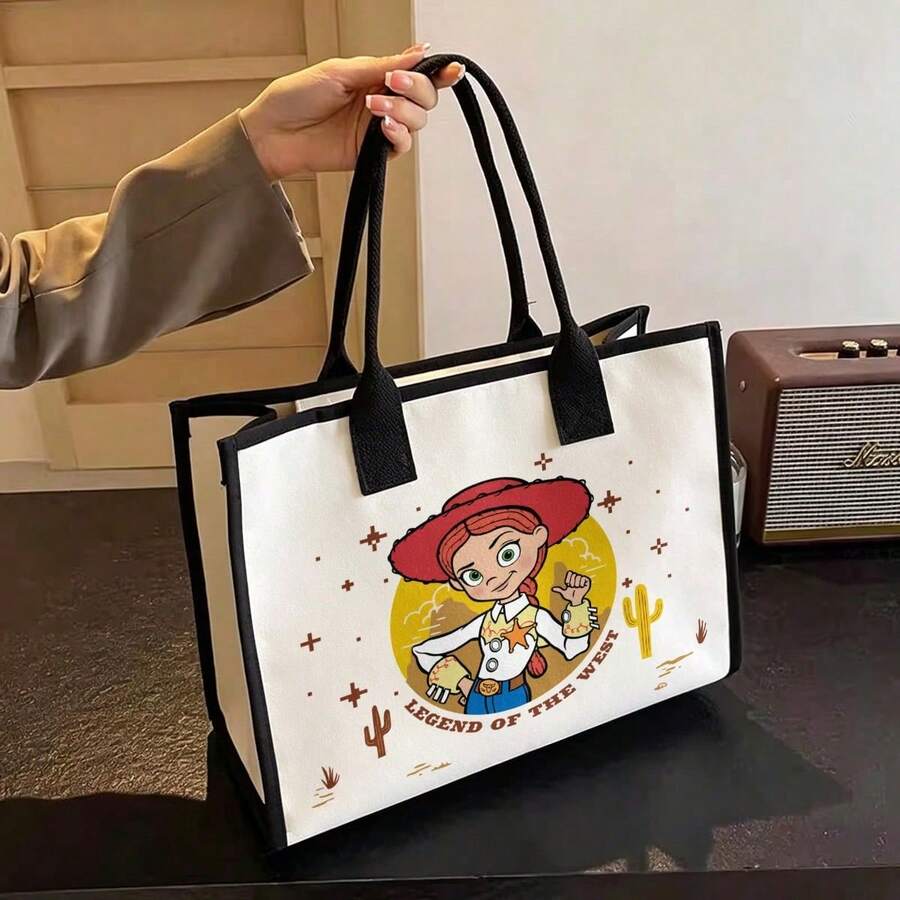 Miniso 迪士尼玩具故事傑西「西部傳奇」帆布托特包,仙人掌星星文字印花肩背包,大容量休閒日常包,適用於上學、購物、旅行 - 黑色 - 查看 1