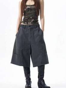 Y2K Khaki Baggy Wide-Leg Cargo Culottes, Mid-Length Multi-Pocket Casual Shorts with Elastic Waist, Streetwear & Grunge Style - Negro - Ver 1