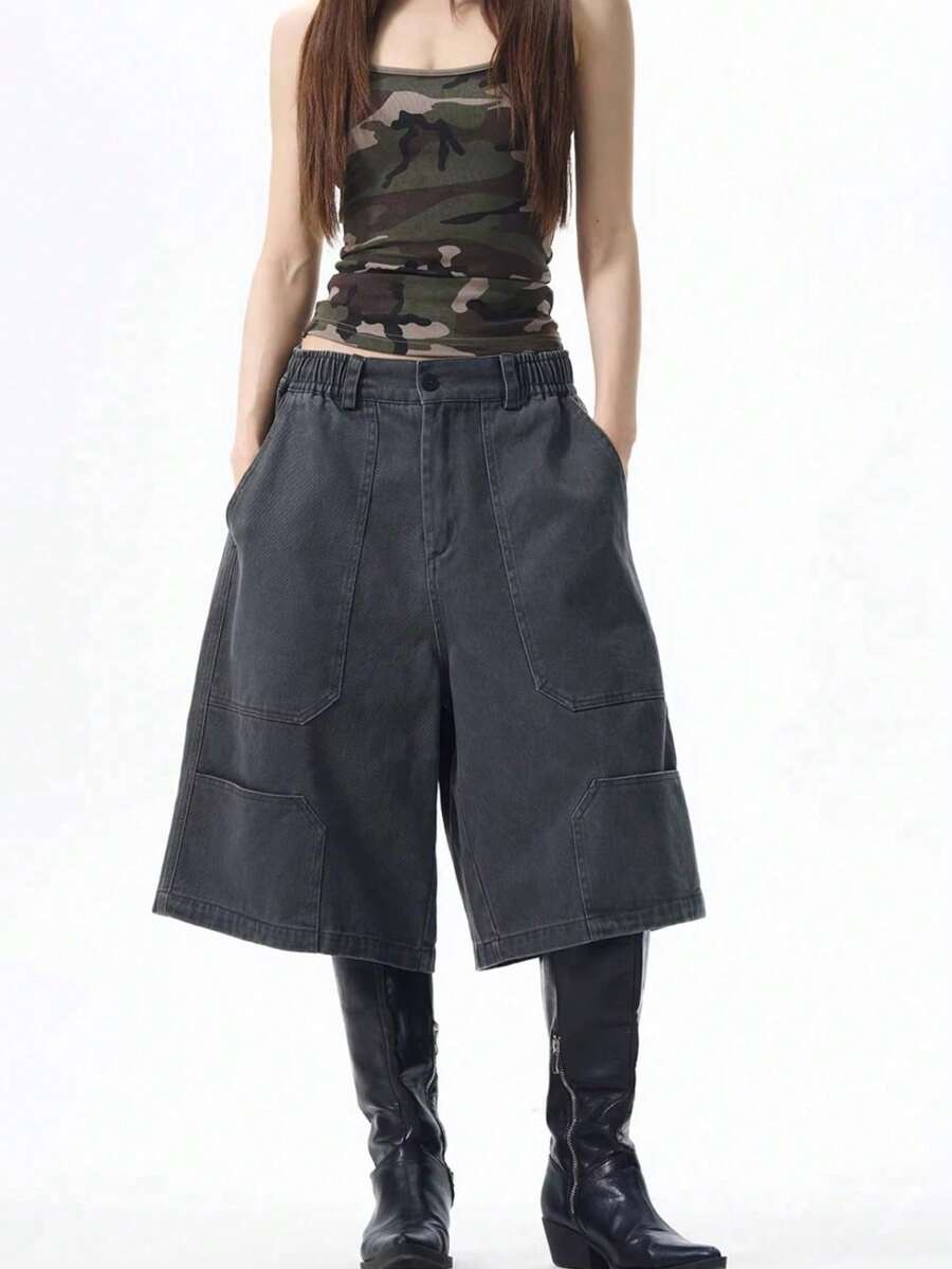 Y2K Khaki Baggy Wide-Leg Cargo Culottes, Mid-Length Multi-Pocket Casual Shorts with Elastic Waist, Streetwear & Grunge Style - Negro - Ver 1
