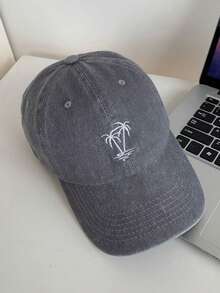 1 chiếc mũ lưỡi trai unisex màu xám bạc, thêu hình cây cọ, vành cong, kiểu mũ dad hat, nhẹ, thoáng khí, có thể điều chỉnh, phù hợp cho mùa hè, đi biển, du lịch - Xám - Xem 4