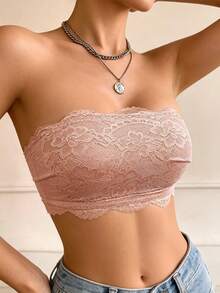 Sujetador bandeau de encaje ligero, estilo casual sin aros, sin relleno, espalda cruzada, antideslizante - Albaricoque - Ver 5