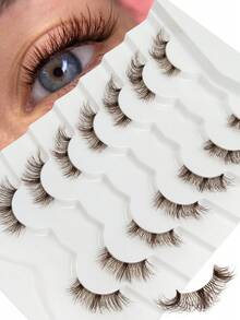 Hinarin 7 Pairs D Curl Brown Half-Strip Lashes Transparent Stem Natural Fluffy Brown False Eyelashes Transparent Stem Cat Eye Effect Faux Mink Lashes Reusable Create Natural Beautiful Lashes For Festivals Parties - Black - View 1
