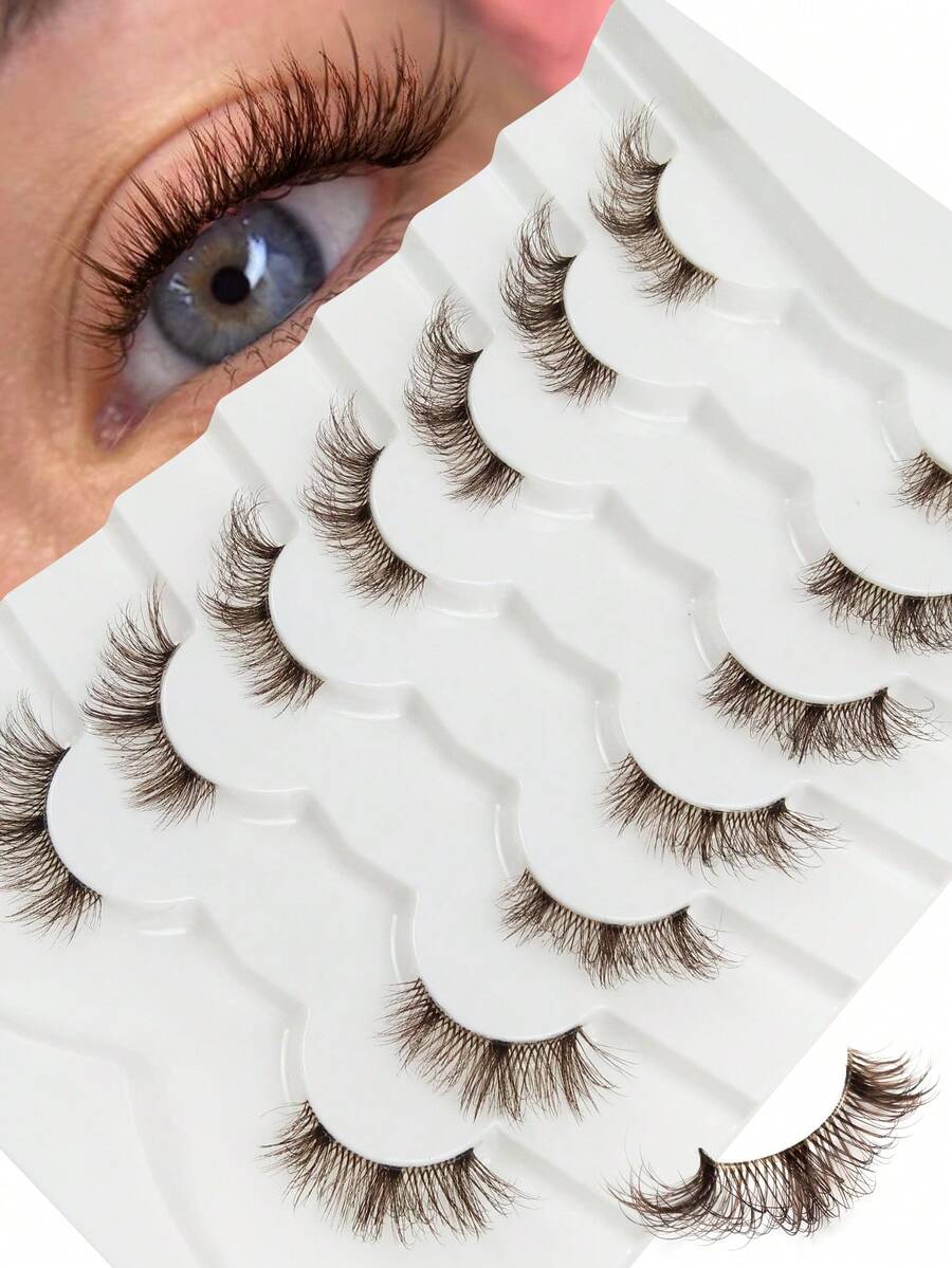 Hinarin 7 Pairs D Curl Brown Half-Strip Lashes Transparent Stem Natural Fluffy Brown False Eyelashes Transparent Stem Cat Eye Effect Faux Mink Lashes Reusable Create Natural Beautiful Lashes For Festivals Parties - Black - View 1