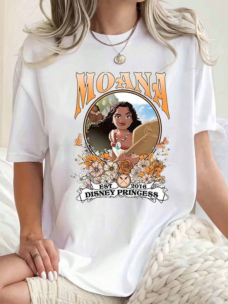 Women Round Neck T Shirt Moana Disney Princess Print With Floral Design And Text Est 2016 Casual Wear For Everyday Summer And Holiday Outfits 220g - 白色 - 查看 1