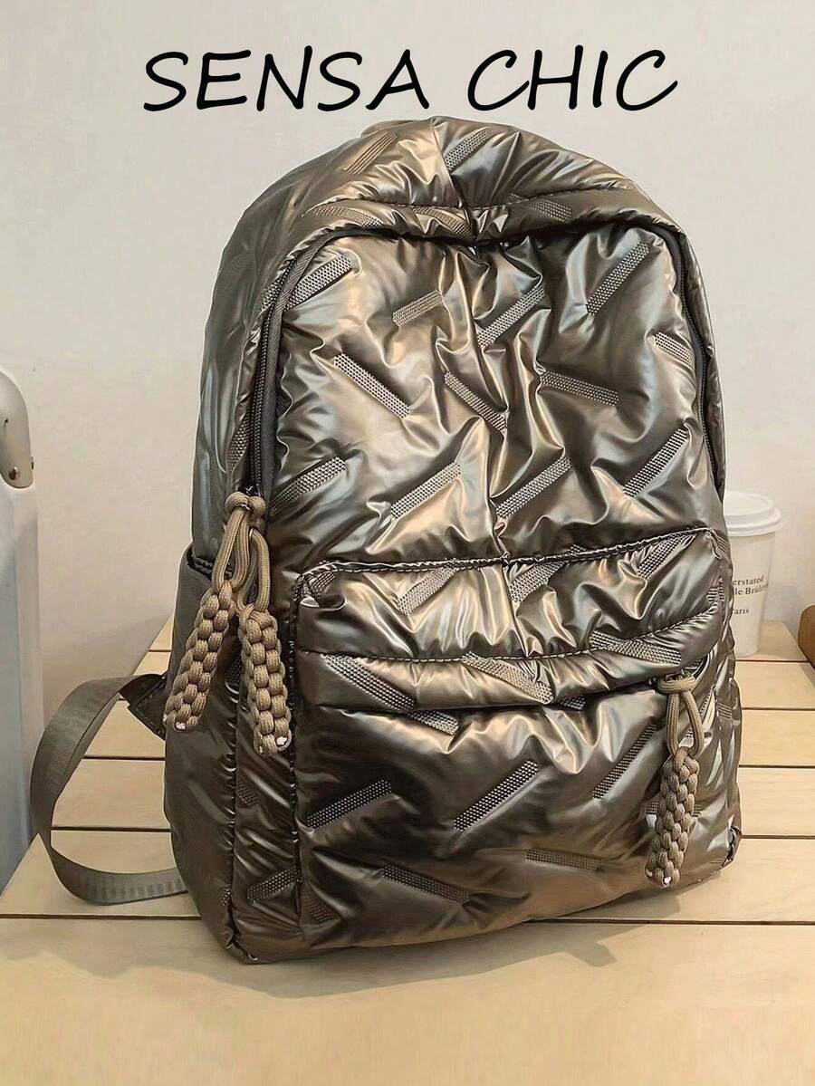 Classic College Style Student Backpack, Solid Color Rhombus Pattern Design, Large Capacity Multi-Pocket Backpack, Suitable For School Campus Use And Short-Distance Travel , Back To School - Gold - View 1