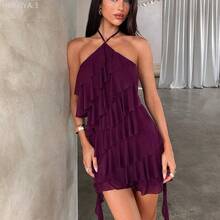 Yunuo Menswear  Nuevo vestido mini de malla con volantes asimétricos en la cintura y el bajo, estilo bohemio elegante, color púrpura, escote halter, adecuado para el Día de San Valentín y la temporada de bodas - Morado - Ver 8