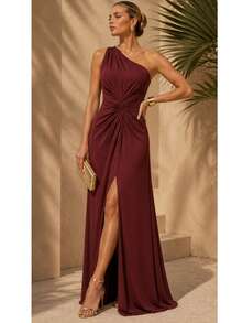 Bridesmaid Dress Guests Promotion Knot Olive Green Fuchsia Black Lilac Terracotta Emerald Royal Red Marsala Navy Without Shine - 紅木色 - 查看 1